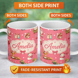 Personalized Custom Name Cute Christmas Gnome Reindeer Snowman Gift Coral Background 11oz Ceramic Coffee Tea Mug White Large Handle