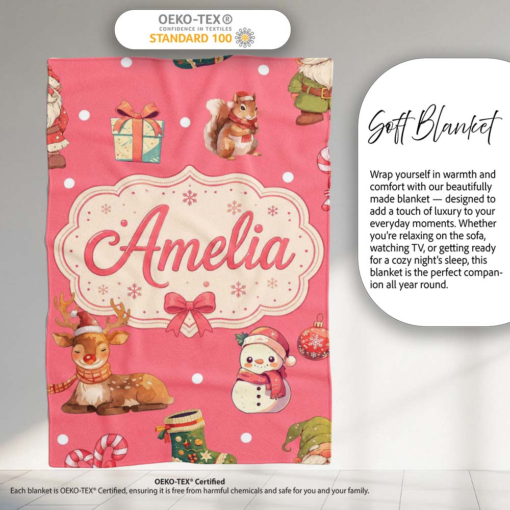 Cute Christmas Gnome Reindeer Snowman Gift Coral Background  Personalised Custom Name Super Soft Fleece Blanket Bed Sofa Throw