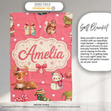 Cute Christmas Gnome Reindeer Snowman Gift Coral Background  Personalised Custom Name Super Soft Fleece Blanket Bed Sofa Throw