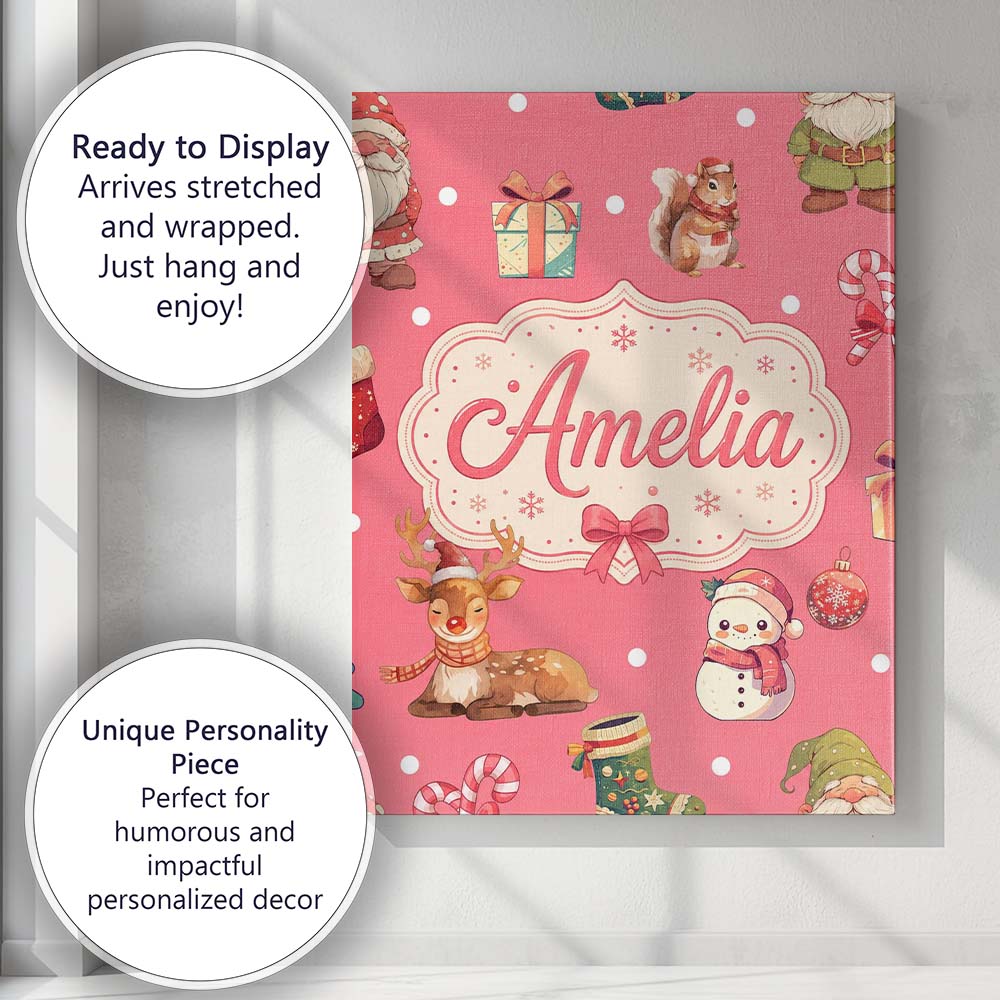 Personalised Name Cute Christmas Gnome Custom  Modern Room Accent Elegant Feature Canvas Wall Art Print Decor Picture Ready to Hang