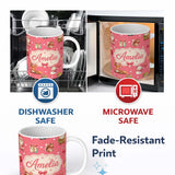 Personalized Custom Name Cute Christmas Gnome Reindeer Snowman Gift Coral Background 11oz Ceramic Coffee Tea Mug White Large Handle