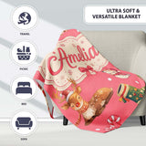 Cute Christmas Gnome Reindeer Snowman Gift Coral Background  Personalised Custom Name Super Soft Fleece Blanket Bed Sofa Throw