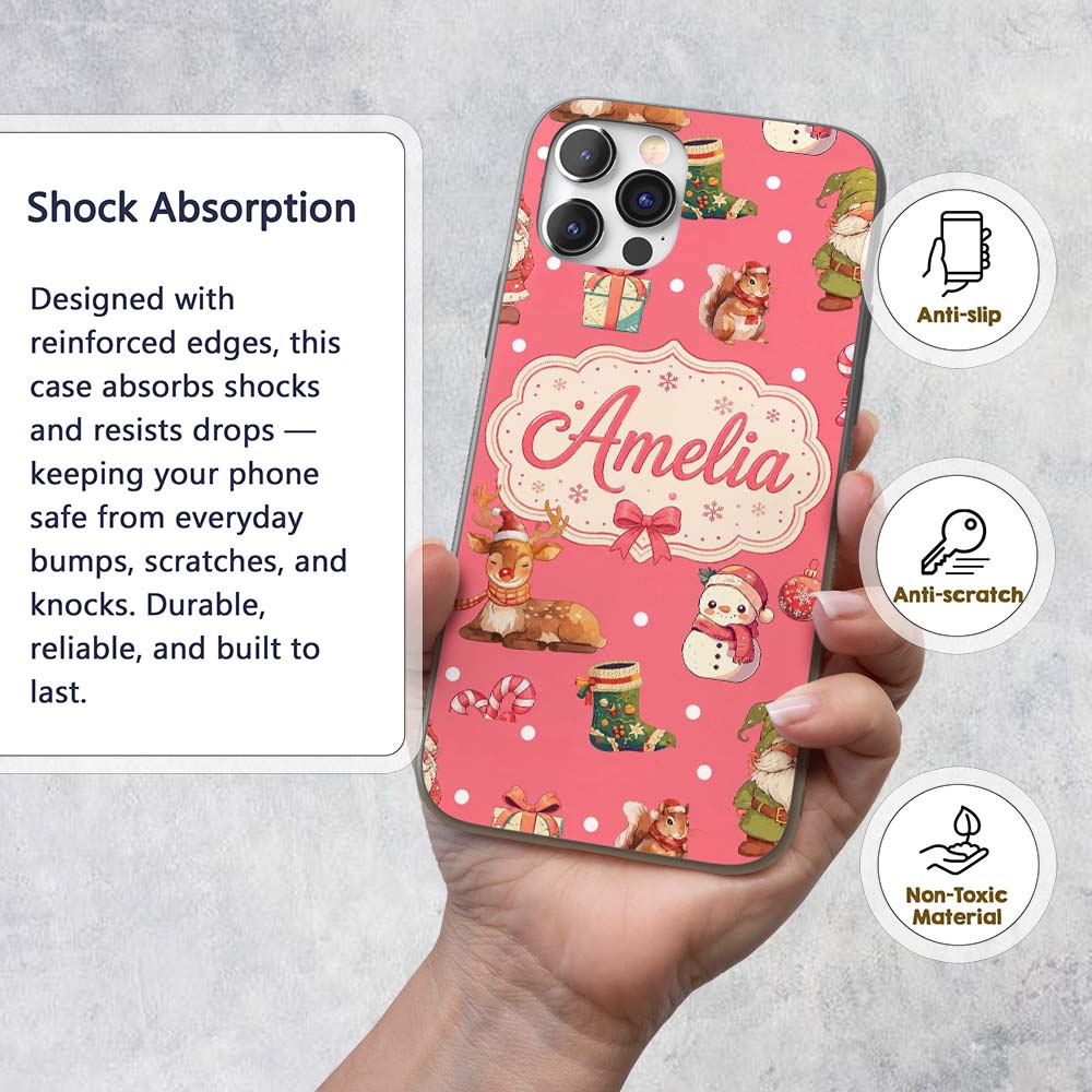 Cute Christmas Gnome Reindeer Snowman Gift Coral Custom Name Protective Phone Case Mobile Cover Durable Everyday Smartphone Shock Resistant