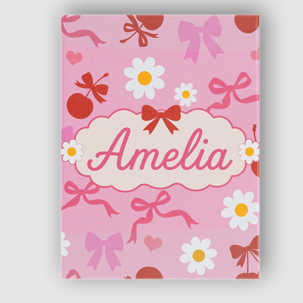 Personalised Name Cute Cherry Bow Daisy Heart with White Daisies on Custom Canvas Wall Art Print Decor Picture Ready to Hang