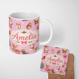 Personalized Custom Name Cute Christmas Deer Squirrel Leaves Gift Pattern Pink Background 11oz Ceramic Coffee Tea Mug White Large Handle