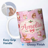 Personalized Custom Name Cute Christmas Deer Squirrel Leaves Gift Pattern Pink Background 11oz Ceramic Coffee Tea Mug White Large Handle
