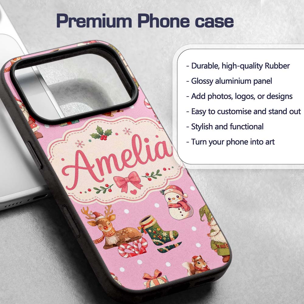 Cute Christmas Deer Squirrel Leaves Gift Pattern Custom Name Protective Phone Case Mobile Cover Durable Everyday Smartphone Shock Resistant
