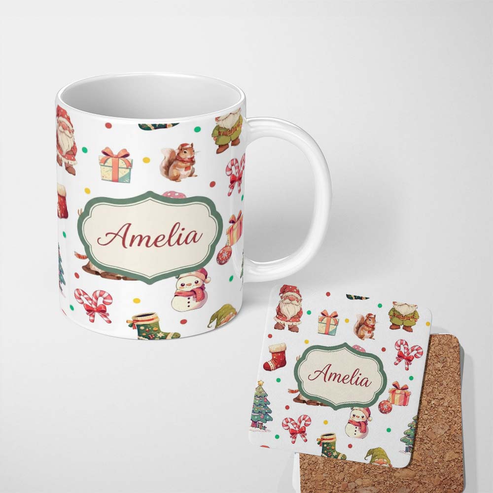 Personalized Custom Name Cute Christmas Deer Squirrel Leaves Gift Pattern Grey Background 11oz Ceramic Coffee Tea Mug White Large Handle
