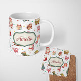 Personalized Custom Name Cute Christmas Deer Squirrel Leaves Gift Pattern Grey Background 11oz Ceramic Coffee Tea Mug White Large Handle