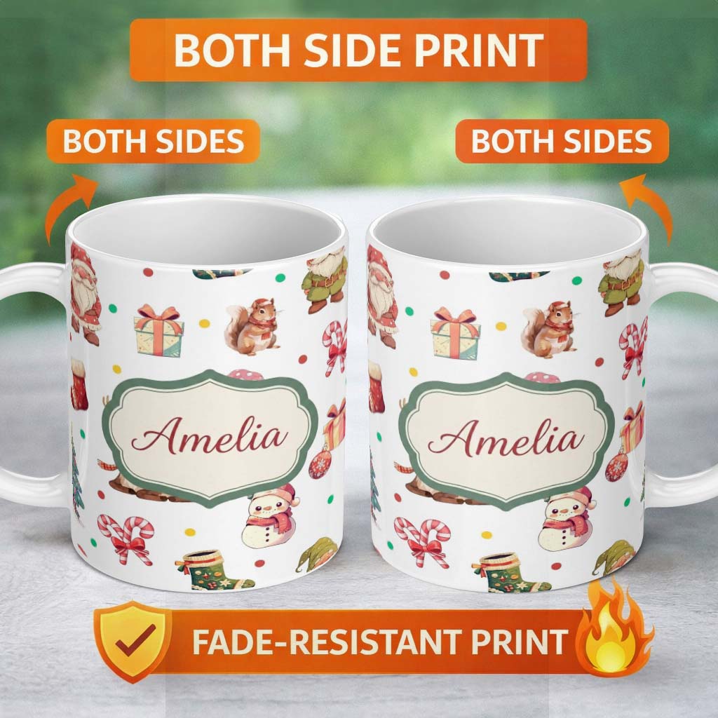 Personalized Custom Name Cute Christmas Deer Squirrel Leaves Gift Pattern Grey Background 11oz Ceramic Coffee Tea Mug White Large Handle