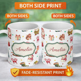 Personalized Custom Name Cute Christmas Deer Squirrel Leaves Gift Pattern Grey Background 11oz Ceramic Coffee Tea Mug White Large Handle