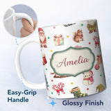 Personalized Custom Name Cute Christmas Deer Squirrel Leaves Gift Pattern Grey Background 11oz Ceramic Coffee Tea Mug White Large Handle
