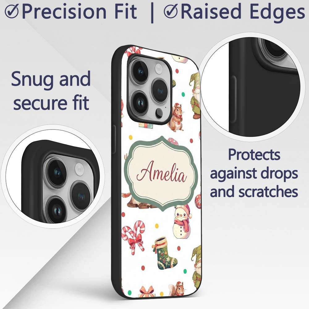 Cute Christmas Deer Squirrel Leaves Gift Pattern Custom Name Protective Phone Case Mobile Cover Durable Everyday Smartphone Shock Resistant