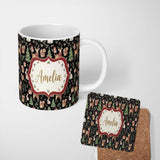 Personalized Custom Name Cute Christmas Deer Squirrel Leaves Gift Pattern Black Background 11oz Ceramic Coffee Tea Mug White Large Handle