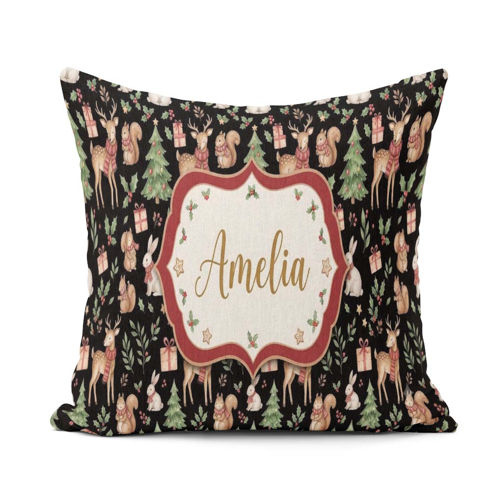 Custom Name Cute Christmas Deer Squirrel Leaves Black Background Square Filled Cushion Throw Pillow Sofa Bed Home Decor Zip Washable UK Made