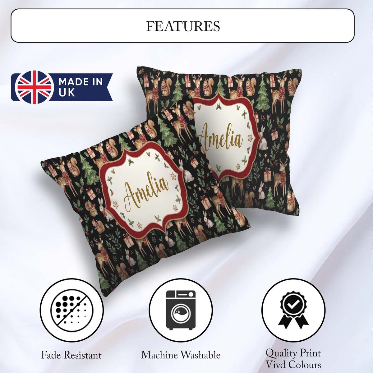 Custom Name Cute Christmas Deer Squirrel Leaves Black Background Square Filled Cushion Throw Pillow Sofa Bed Home Decor Zip Washable UK Made