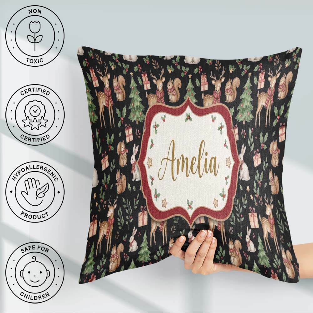 Custom Name Cute Christmas Deer Squirrel Leaves Black Background Square Filled Cushion Throw Pillow Sofa Bed Home Decor Zip Washable UK Made