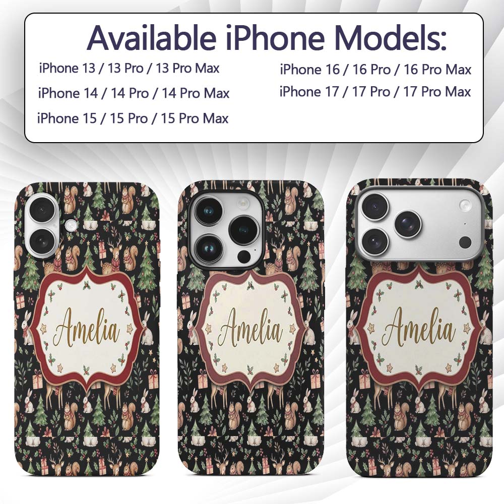 Cute Christmas Deer Squirrel Leaves Gift Pattern Custom Name Protective Phone Case Mobile Cover Durable Everyday Smartphone Shock Resistant