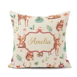 Custom Name Cute Christmas Deer Squirrel Leaves Cream Background Square Filled Cushion Throw Pillow Sofa Bed Home Decor Zip Washable UK Made