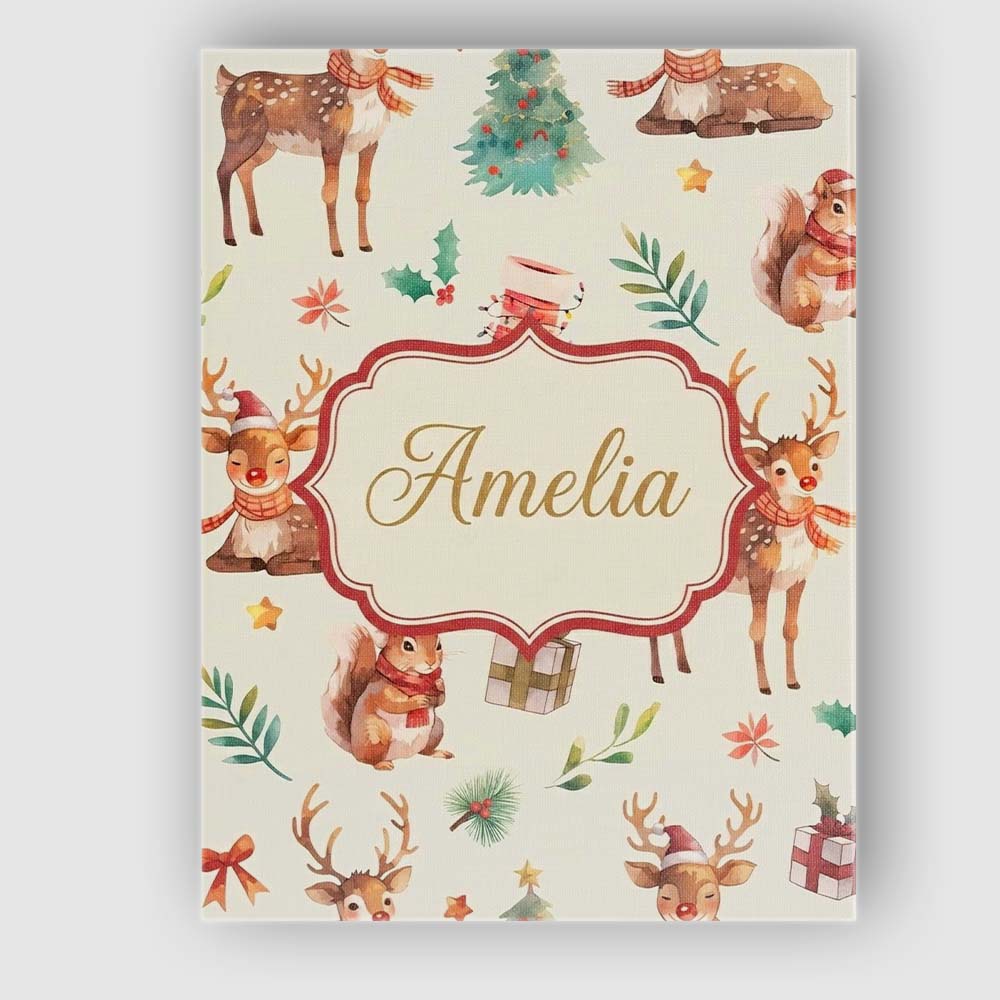 Personalised Name Cute Christmas Deer Custom Modern Room Accent Creative Decorator Style Canvas Wall Art Print Decor Picture Ready to Hang
