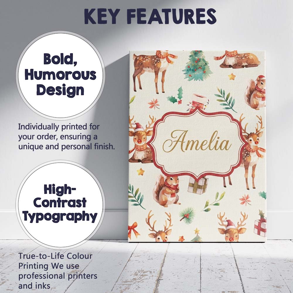 Personalised Name Cute Christmas Deer Custom Modern Room Accent Creative Decorator Style Canvas Wall Art Print Decor Picture Ready to Hang