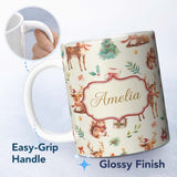 Personalized Custom Name Cute Christmas Deer Squirrel Leaves Gift Pattern Cream Background 11oz Ceramic Coffee Tea Mug White Large Handle