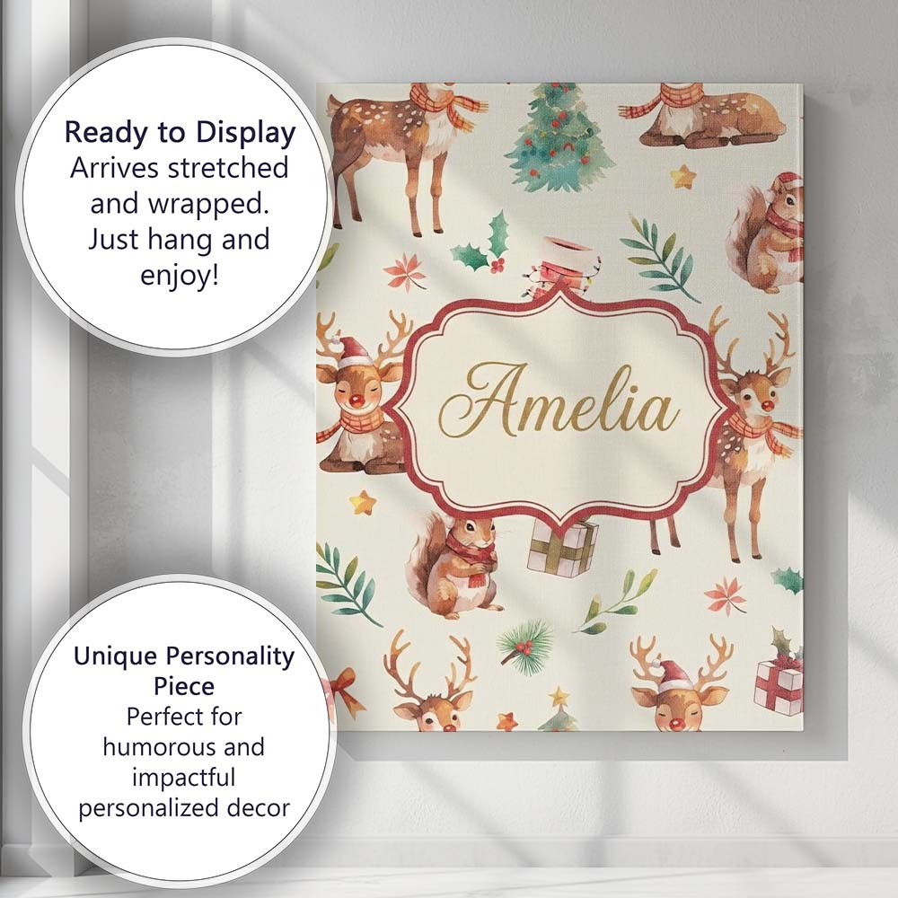 Personalised Name Cute Christmas Deer Custom Modern Room Accent Creative Decorator Style Canvas Wall Art Print Decor Picture Ready to Hang