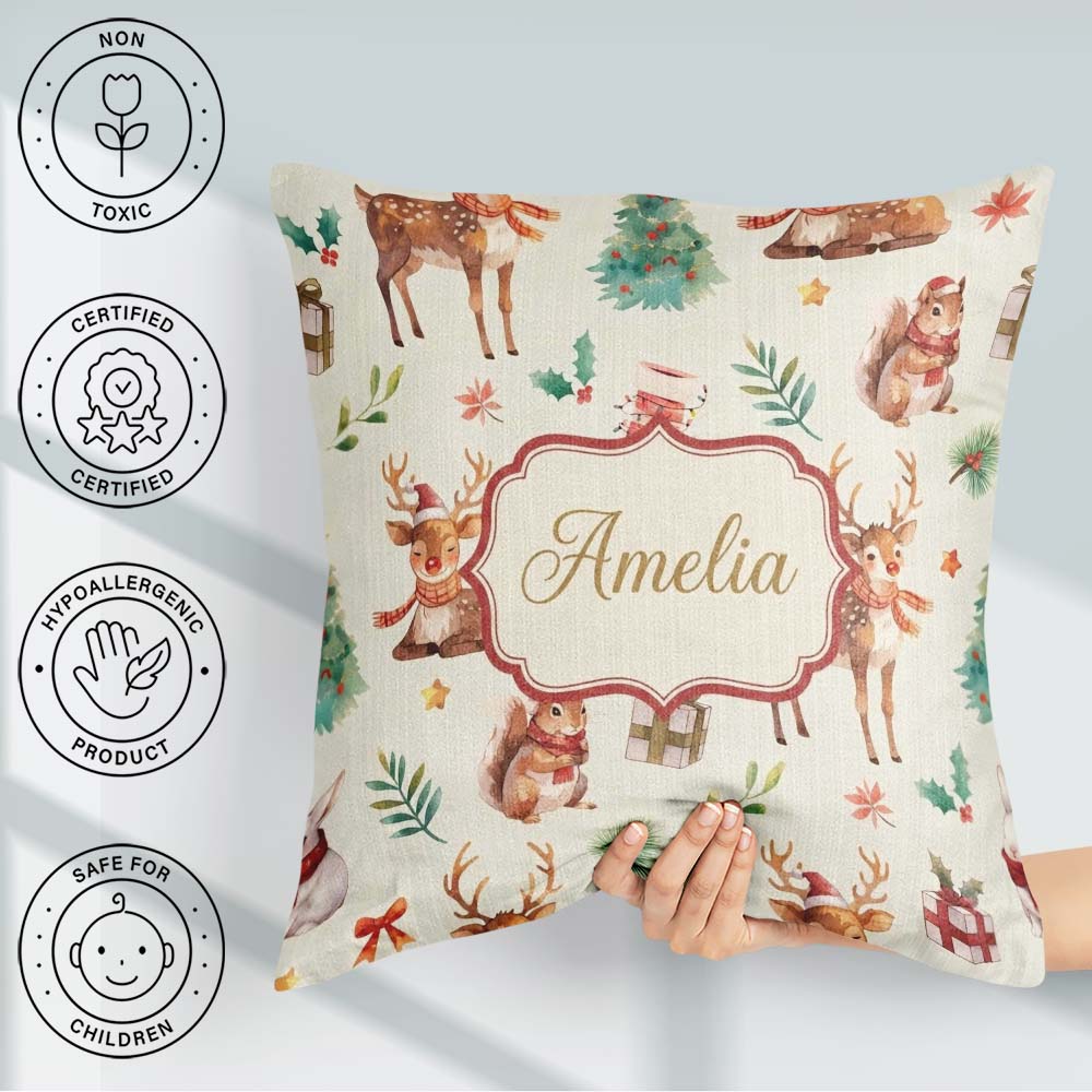 Custom Name Cute Christmas Deer Squirrel Leaves Cream Background Square Filled Cushion Throw Pillow Sofa Bed Home Decor Zip Washable UK Made
