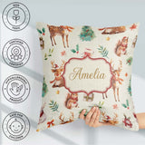 Custom Name Cute Christmas Deer Squirrel Leaves Cream Background Square Filled Cushion Throw Pillow Sofa Bed Home Decor Zip Washable UK Made
