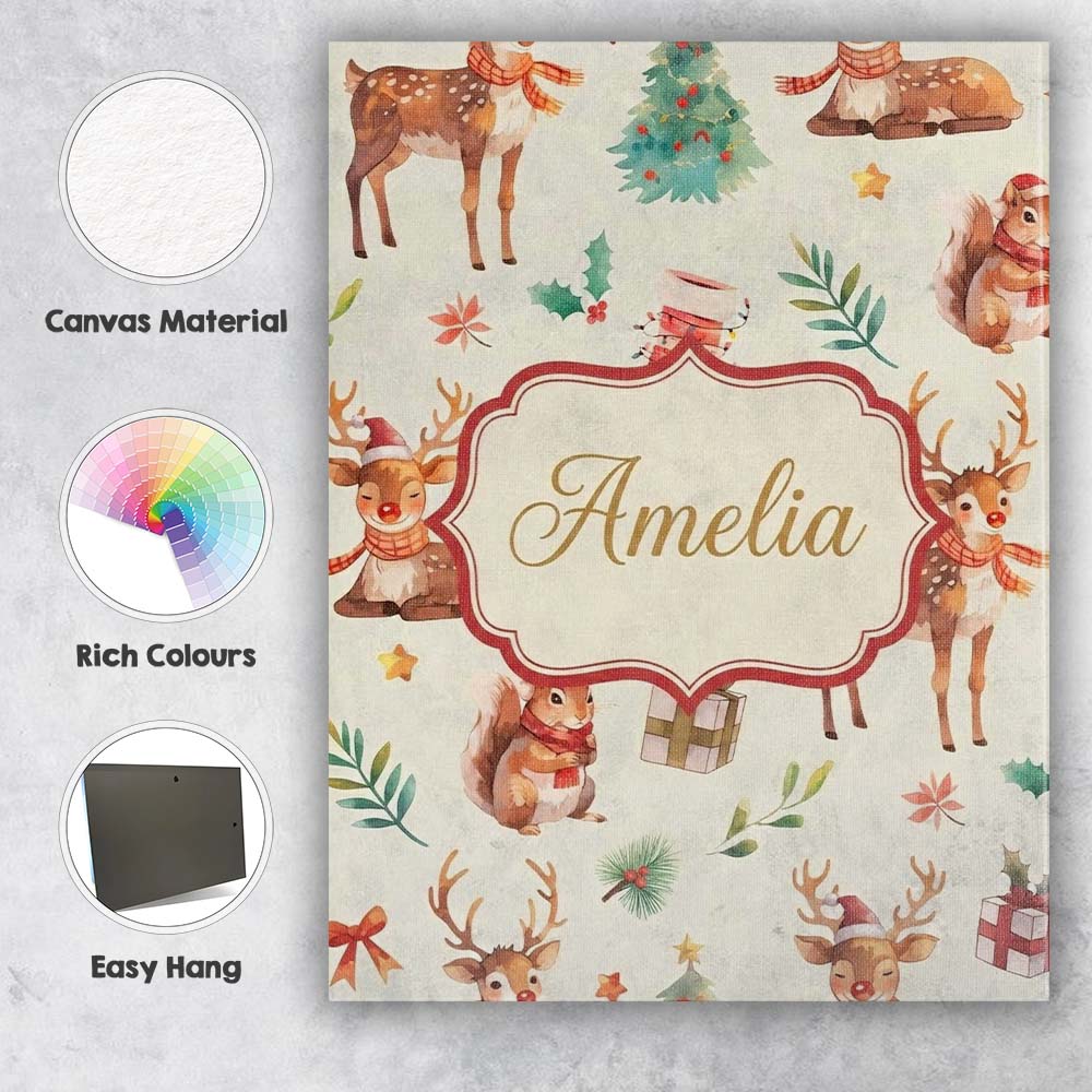 Personalised Name Cute Christmas Deer Custom Modern Room Accent Creative Decorator Style Canvas Wall Art Print Decor Picture Ready to Hang