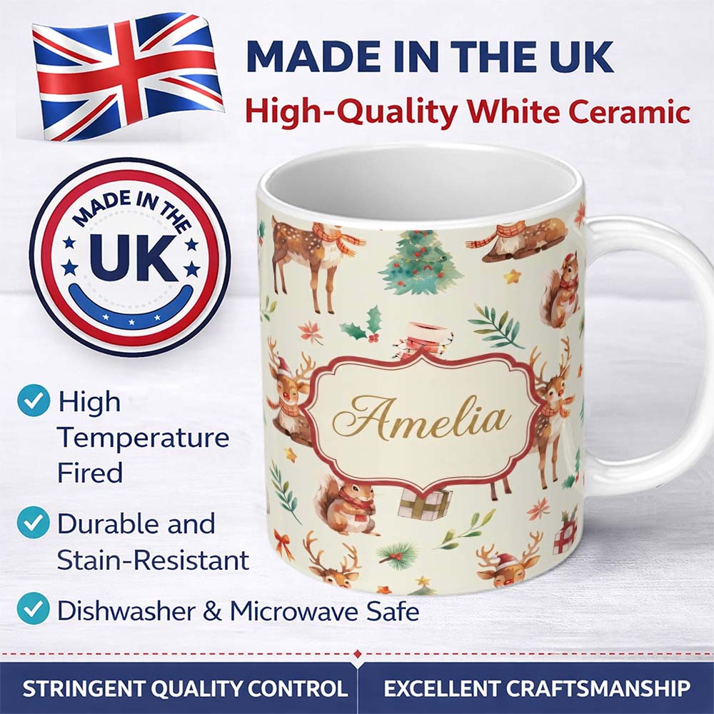 Personalized Custom Name Cute Christmas Deer Squirrel Leaves Gift Pattern Cream Background 11oz Ceramic Coffee Tea Mug White Large Handle