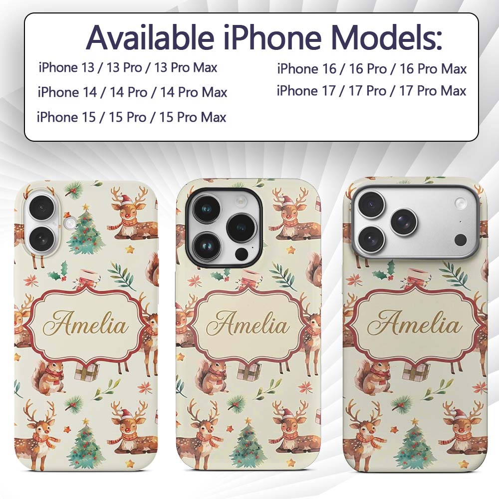 Cute Christmas Deer Squirrel Leaves Gift Pattern Custom Name Protective Phone Case Mobile Cover Durable Everyday Smartphone Shock Resistant