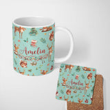 Personalized Custom Name Cute Christmas Deer Squirrel Leaves Gift Pattern Teal Background 11oz Ceramic Coffee Tea Mug White Large Handle