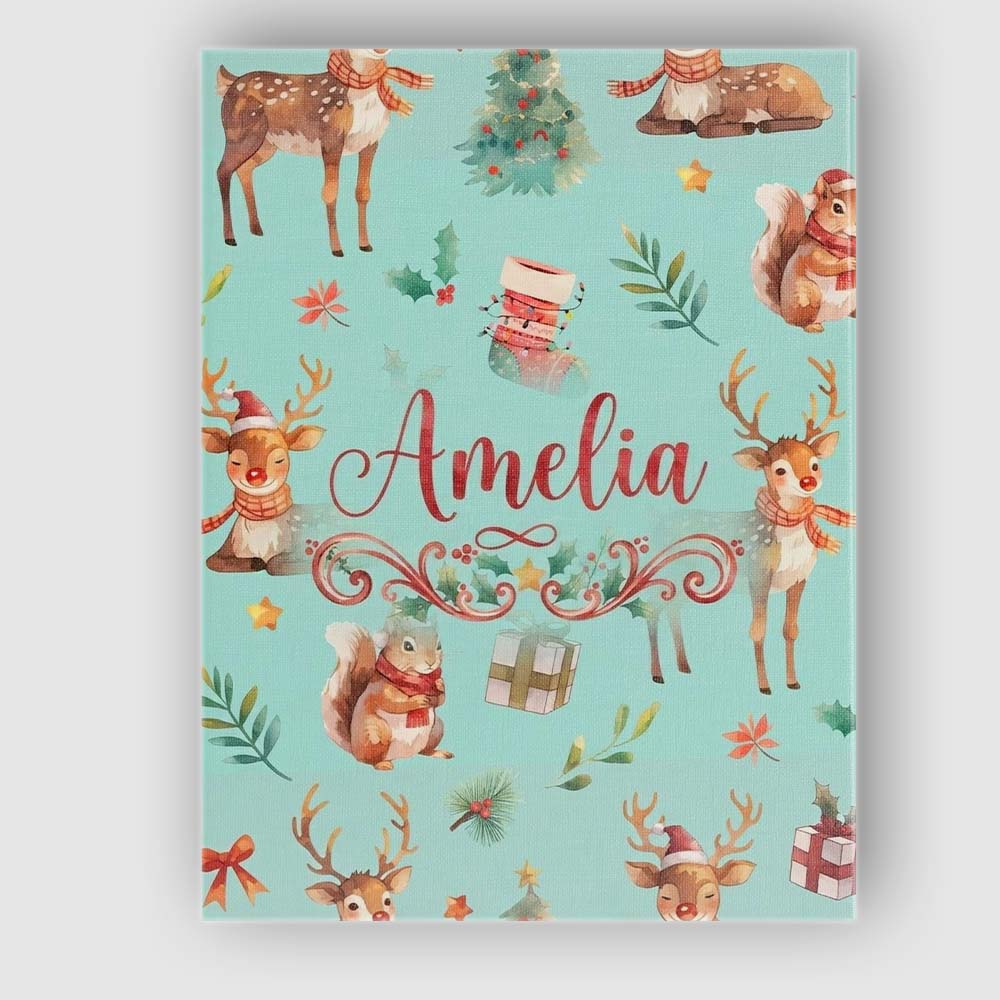 Personalised Name Cute Christmas Deer Custom Modern Room Accent Creative Decorator Style Canvas Wall Art Print Decor Picture Ready to Hang