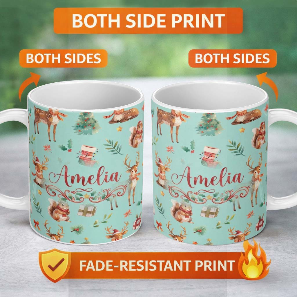 Personalized Custom Name Cute Christmas Deer Squirrel Leaves Gift Pattern Teal Background 11oz Ceramic Coffee Tea Mug White Large Handle