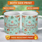 Personalized Custom Name Cute Christmas Deer Squirrel Leaves Gift Pattern Teal Background 11oz Ceramic Coffee Tea Mug White Large Handle