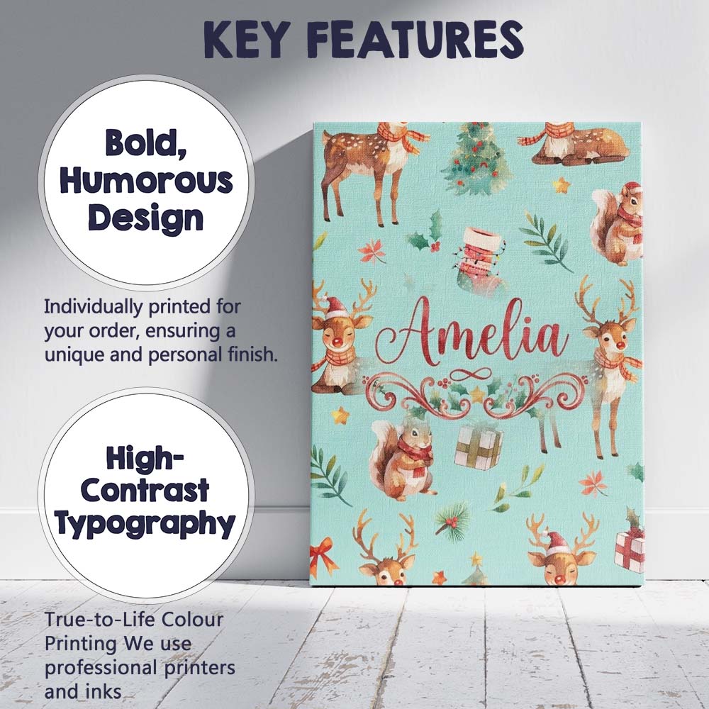 Personalised Name Cute Christmas Deer Custom Modern Room Accent Creative Decorator Style Canvas Wall Art Print Decor Picture Ready to Hang
