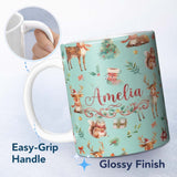 Personalized Custom Name Cute Christmas Deer Squirrel Leaves Gift Pattern Teal Background 11oz Ceramic Coffee Tea Mug White Large Handle