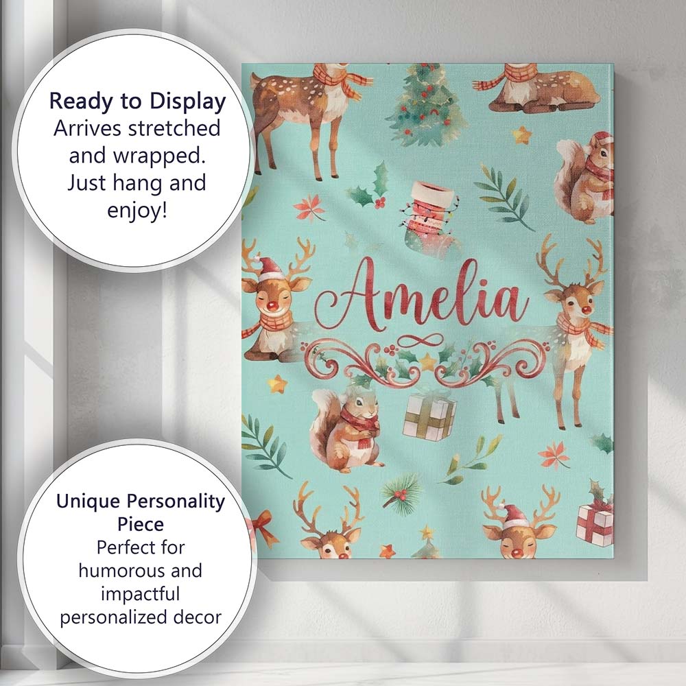 Personalised Name Cute Christmas Deer Custom Modern Room Accent Creative Decorator Style Canvas Wall Art Print Decor Picture Ready to Hang