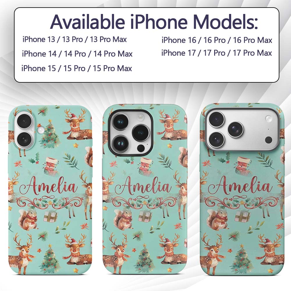 Cute Christmas Deer Squirrel Leaves Gift Pattern Custom Name Protective Phone Case Mobile Cover Durable Everyday Smartphone Shock Resistant