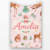 Cute Christmas Deer Squirrel Leaves Gift Pattern Pink Background  Personalised Custom Name Super Soft Fleece Blanket Bed Sofa Throw