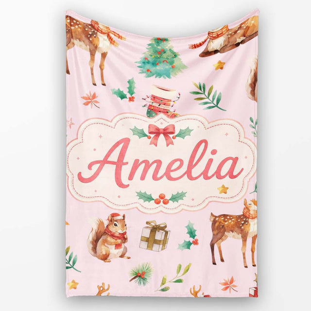 Cute Christmas Deer Squirrel Leaves Gift Pattern Pink Background  Personalised Custom Name Super Soft Fleece Blanket Bed Sofa Throw