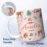 Personalized Custom Name Cute Christmas Deer Squirrel Leaves Gift Pattern Pink Background 11oz Ceramic Coffee Tea Mug White Large Handle