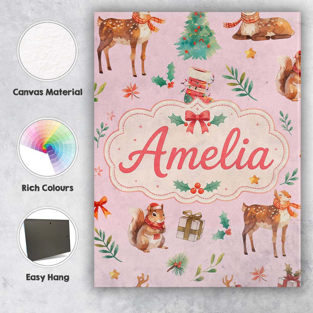 Personalised Name Cute Christmas Deer Custom Modern Room Accent Creative Decorator Style Canvas Wall Art Print Decor Picture Ready to Hang