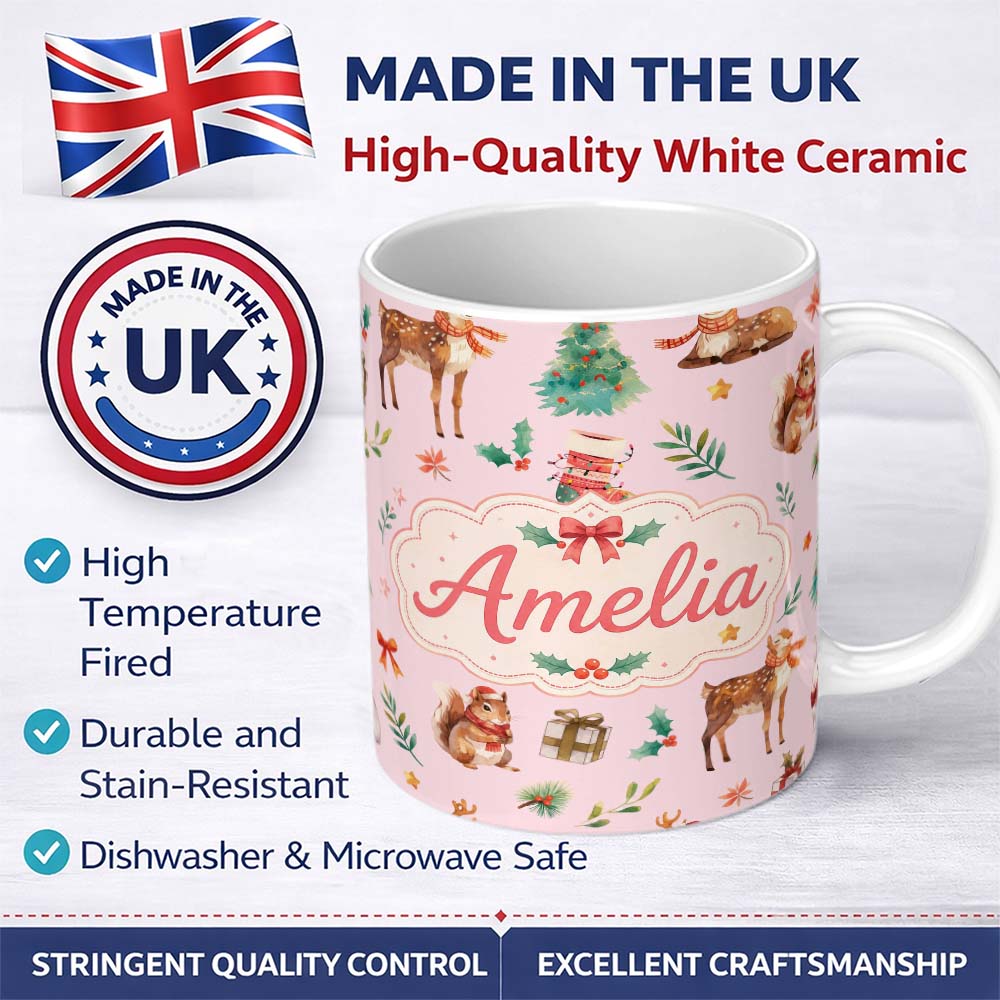 Personalized Custom Name Cute Christmas Deer Squirrel Leaves Gift Pattern Pink Background 11oz Ceramic Coffee Tea Mug White Large Handle