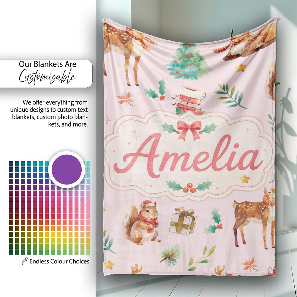 Cute Christmas Deer Squirrel Leaves Gift Pattern Pink Background  Personalised Custom Name Super Soft Fleece Blanket Bed Sofa Throw