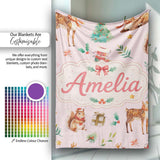 Cute Christmas Deer Squirrel Leaves Gift Pattern Pink Background  Personalised Custom Name Super Soft Fleece Blanket Bed Sofa Throw