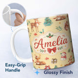 Personalized Custom Name Cute Christmas Deer Squirrel Leaves Gift Pattern Yellow Background 11oz Ceramic Coffee Tea Mug White Large Handle