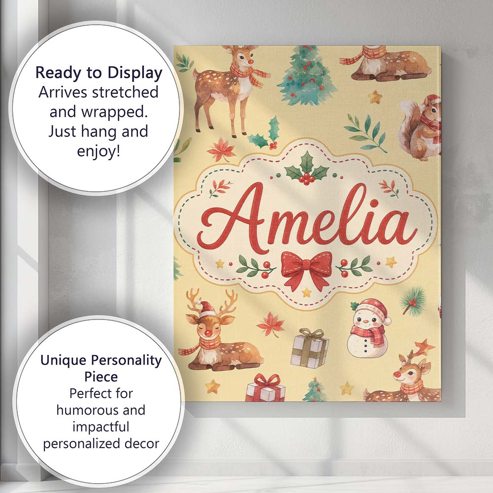 Personalised Name Cute Christmas Deer Custom Modern Room Accent Creative Decorator Style Canvas Wall Art Print Decor Picture Ready to Hang