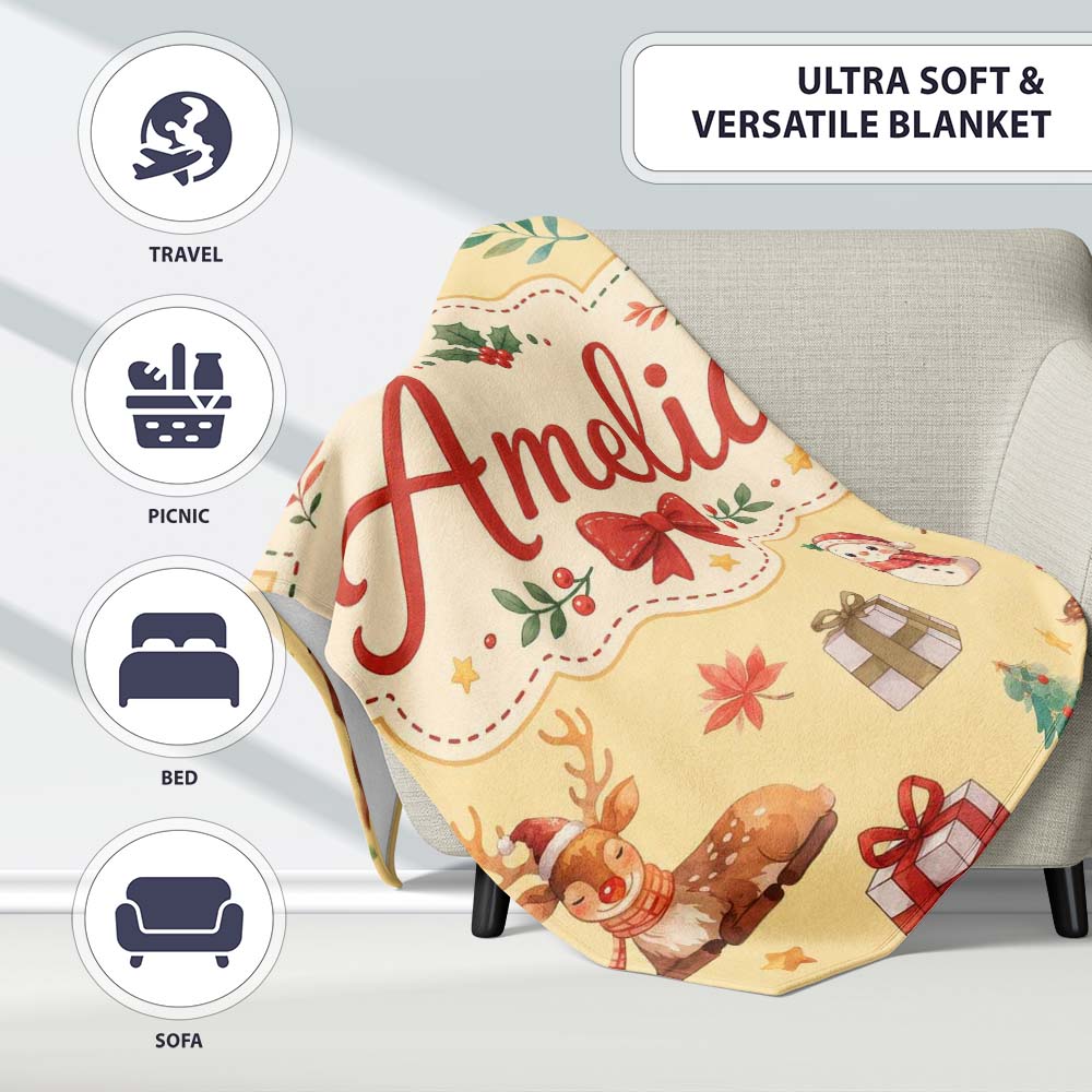 Cute Christmas Deer Squirrel Leaves Gift Pattern Yellow Background  Personalised Custom Name Super Soft Fleece Blanket Bed Sofa Throw